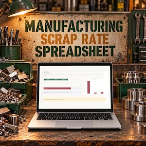 May include: A silver laptop displaying a manufacturing scrap rate spreadsheet with data tables and charts. The screen shows the text Manufacturing Scrap Rate Spreadsheet. The laptop sits on a metal workbench surrounded by metal scraps and tools.