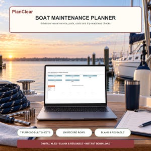 May include: A laptop displaying a Boat Maintenance Planner dashboard with text reading PlanClear, Boat Maintenance Planner, 7 purpose-built sheets, 200 record rows, blank and reusable, and digital xlsx, blank and reusable, instant download.