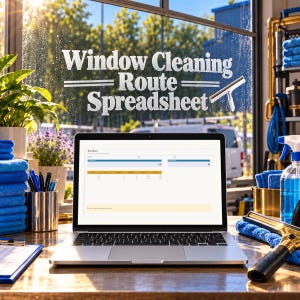 Pode incluir: Um portátil com uma folha de cálculo intitulada Window Cleaning Route Spreadsheet, numa secretária com panos azuis, um suporte para canetas, um pulverizador e um rodo. O texto também aparece na janela.