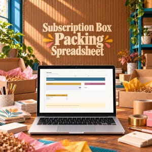 May include: A laptop displaying a Subscription Box Packing Spreadsheet on its screen. The workspace includes cardboard boxes, stacks of cards with leaf illustrations, a pen holder, and rolls of tape, all arranged on a wooden surface.