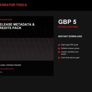 May include: A digital product titled J26 Creator Tools Release Metadata & Credits Pack. The black graphic features red text and lines, listing an eight-page PDF guide, an editable release tracker, credits, identifiers, assets, and a final-delivery gate.