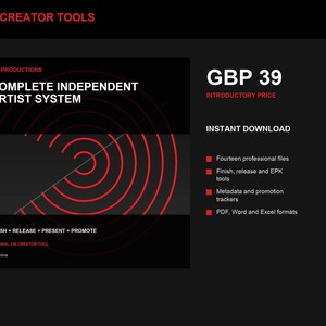 以下が含まれることがあります： J26 Creator Toolsと題されたデジタル製品のグラフィック。Complete Independent Artist System、Finish + Release + Present + Promote、J26 Productionsというテキストが含まれています。デザインには黒い背景に赤い同心円が描かれています。