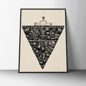May include: A framed art print featuring an inverted triangle composition of various gym equipment including weight plates, dumbbells, kettlebells, boxing gloves, and sneakers, topped with a podium and a small trophy cup.