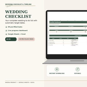 May include: A digital wedding checklist and timeline displayed on a laptop screen. The interface features a dashboard with task tracking, progress metrics, and planning snapshots. Text includes Wedding Checklist, 69 pre-filled tasks, and Google Sheets + Excel compatibility.