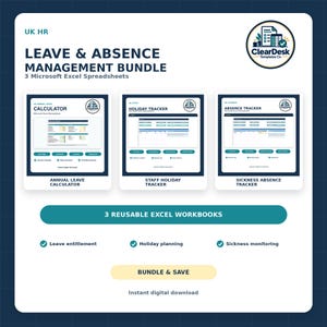 May include: A digital bundle of three Microsoft Excel spreadsheets for UK HR leave and absence management. The set includes an annual leave calculator, a staff holiday tracker, and a sickness absence tracker, all featuring a clean, professional layout.