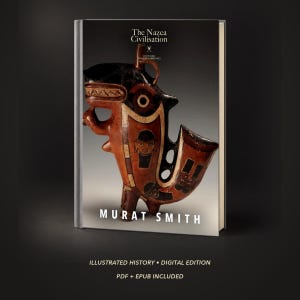 May include: A hardcover book titled The Nazca Civilisation by Murat Smith. The cover features a brown, black, and cream-colored ceramic vessel with a stylized animal figure. The text reads Illustrated History, Digital Edition, PDF + EPUB Included.
