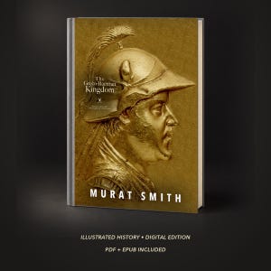 Puede incluir: Un libro de tapa dura titulado The Greco-Bactrian Kingdom de Murat Smith. La cubierta dorada presenta un relieve de perfil de una figura con un casco con cresta. El texto en la cubierta incluye el título, el nombre del autor e Illustrated History Digital Edition.