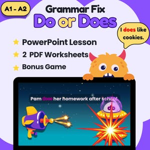 Könnte beinhalten: Bildungsressource mit dem Titel Grammar Fix Do or Does, bestehend aus einer PowerPoint-Lektion, zwei PDF-Arbeitsblättern und einem Bonusspiel. Ein orangefarbenes Monster erscheint über einem Bildschirm mit einer Grammatikübung.