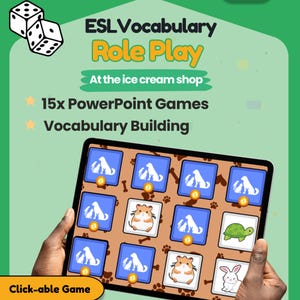 May include: A digital tablet displaying an ESL Vocabulary Role Play game titled At the ice cream shop. The screen shows a grid of squares with illustrations of dogs, hamsters, a turtle, and a rabbit. The interface includes 15x PowerPoint Games text.