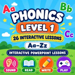 Peut inclure: Un graphique éducatif numérique intitulé PHONICS LEVEL 1 avec le texte 26 INTERACTIVE LESSONS et Aa-Zz. Il présente des icônes pour SOUND, READ, WRITE et PLAY sur un fond de ciel bleu et paysage vert avec les lettres Aa, Bb et Cc.