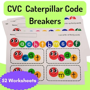 May include: A set of educational worksheets titled CVC Caterpillar Code Breakers. Each page features a smiling red caterpillar head followed by colorful circles containing letters to form words like cat, hat, and mat. Includes 52 worksheets.