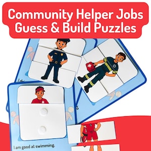 Könnte beinhalten: Community Helper Jobs Guess & Build Puzzles mit illustrierten Karten eines Polizisten, Sanitäters und Rettungsschwimmers. Die Karten enthalten Text, weiße Klettpunkte zur Montage und blaue Ränder für interaktive Lernaktivitäten.