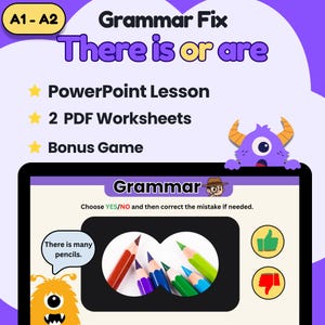 Op de afbeelding: Een digitaal educatief hulpmiddel getiteld Grammar Fix There is or are, met een PowerPoint-les, twee PDF-werkbladen en een bonusspel. Het scherm toont een grammatica-oefening met kleurpotloden en een cartoonmonster.
