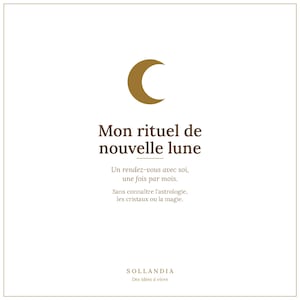 Peut inclure: Un visuel carré présentant une icône de croissant de lune doré au-dessus du texte Mon rituel de nouvelle lune, suivi des phrases Un rendez-vous avec soi, une fois par mois et Sans connaître l'astrologie, les cristaux ou la magie.