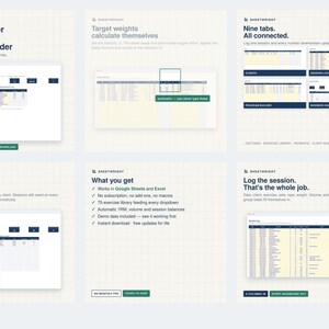 May include: A digital spreadsheet template titled Personal Trainer Client Tracker & Program Builder. It features nine interconnected tabs for logging sessions, tracking client payments, and managing exercise libraries in Google Sheets and Excel.