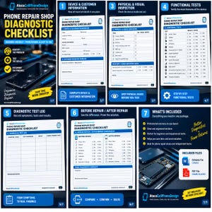 Può includere: Un modello di lista di controllo diagnostica per officine di riparazione telefoni di sette pagine con sezioni blu e bianche per informazioni sul dispositivo, ispezione fisica, test funzionali, registri diagnostici e confronti in docx e pdf.