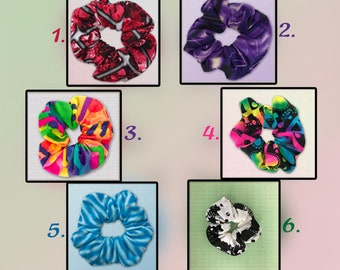 Colorful Hair Scrunchies/ Hair Ties, Assorted colors and designs available, Made from Soft spandex fabric  - approx. 4 in. in diameter