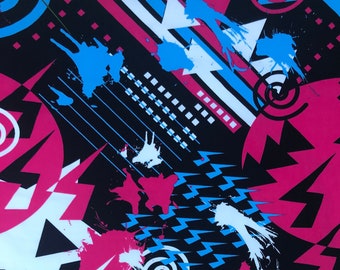 Spandex Fabric Material, blue, bright pink, black Abstract "Skateboarder" design - 19 x 58 inches 4 way stretch for activewear, leggings etc