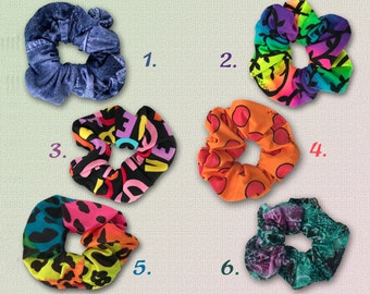 Colorful Hair Scrunchies/ Hair Ties, Assorted colors and designs available, Made from Soft spandex fabric  - approx. 4 in. in diameter