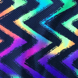 Spandex Fabric Polyester material -Colorful ZIG-ZAG Stripes, 18 x 58 inches -Navy & Rainbow color, with textured overlay, for sports apparel