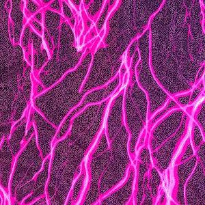 May include: Abstract fabric featuring a dark purple backdrop with a pattern of vibrant pink, vein-like lines. The material has a speckled texture, with small white dots dispersed across the surface.