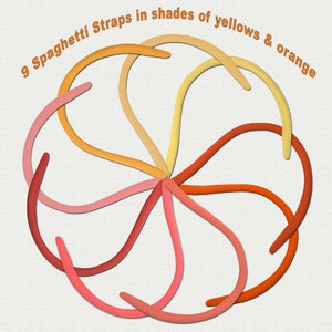 Bretelles spaghetti en élasthanne disponibles en 9 tons de jaune et d'orange, 1/4 po. de large, assortiment. longueurs, pour les maillots de bain, les vêtements de sport, les masques, etc.