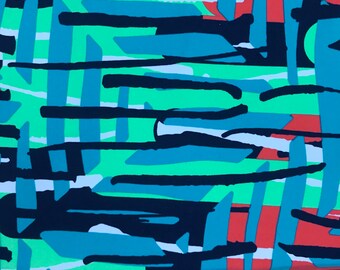 Spandex fabric - turquoise, lime, orange, navy white Abstract Design - 18" long X 58" wide - 4-way stretch - for Swimwear, activewear, etc