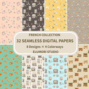 以下が含まれることがあります： Elumori Studioによる「French Collection」と題された、8つのデザインと4つの配色からなる32枚のシームレスなデジタルペーパーコレクション。香水瓶、エッフェル塔、チーズ、カフェ、パン、自転車の水彩イラストが描かれています。