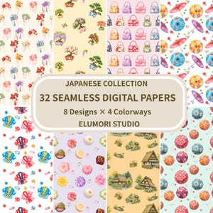 Japanese Seamless Digital Paper Bundle, 32 PNG Patterns, 12x12 Inch, 300 DPI