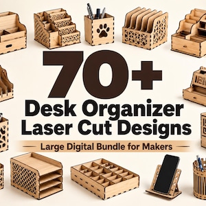 Może przedstawiać: Kolekcja organizerów na biurko z jasnego drewna z różnymi wzorami wycinanymi laserowo, przegródkami i szufladami. Tekst 70+ Desk Organizer Laser Cut Designs Large Digital Bundle for Makers znajduje się na środku obrazu.