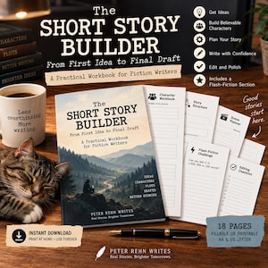 Peut inclure: The Short Story Builder est un cahier d'exercices pratique pour les auteurs de fiction avec une couverture représentant un paysage de montagne et une personne assise sur un rocher. Il inclut des sections pour les personnages, la structure et l'édition.