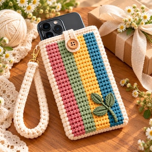 Puede incluir: Una funda de ganchillo para teléfono con rayas verticales en rosa, verde salvia, amarillo y azul, bordeada con hilo crema. Incluye una correa de muñeca crema con un cierre dorado, un botón de madera y una pequeña aplicación de hoja tejida.