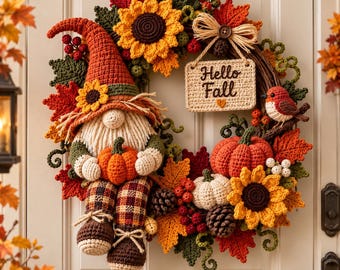 May include: A decorative wreath featuring a crocheted gnome wearing a tall orange hat, holding a small orange pumpkin. The wreath is adorned with crocheted sunflowers, red and orange maple leaves, pinecones, berries, and a sign reading Hello Fall.