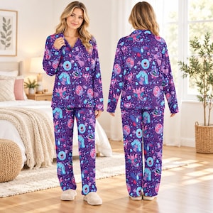 Sableye Woobat Espeon Inspired Pajamas Set, Adult Satin Button Up Sleepwear, Cute Creature Print PJs, Gamer Gift for Adults