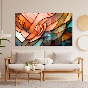 Peach Rose Stained Glass Wall Art, Coral Floral Mosaic Abstract, Teal Copper Flower Petal Pattern, Romantic Botanical Glass Decor Gift