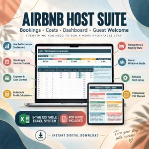 Könnte beinhalten: Ein digitales Airbnb Host Suite Verwaltungssystem mit einem Laptop, der ein Host Performance Dashboard anzeigt, und einem Tablet mit einem Gäste-Willkommensleitfaden. Das Set enthält ein Excel-System und ein PDF-Handbuch zur Verwaltung von Buchungen und Kosten.