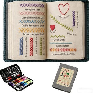 May include: An open fabric book displaying various colorful embroidery stitch samples with labels like Herringbone Stitch and Cretan Stitch. Included is a black zippered sewing kit containing multiple thread spools and tools, plus a gray fabric cover.