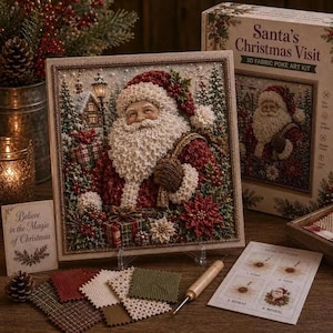 May include: A Santa's Christmas Visit 3D fabric poke art kit featuring a framed image of Santa Claus with a white beard, red coat, and gifts. Includes a wooden stylus, fabric swatches in red, green, and cream, and an instructional card.