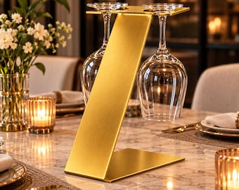 Wijnfleshouder van massief messing, moderne gouden displaystandaard (1 fles, 2 glazen)