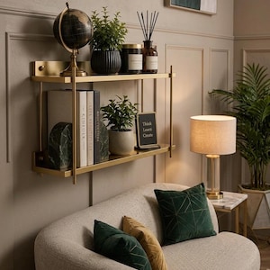 May include: A two-tier gold metal wall shelf holding a black globe, potted plants, candles, books, and a small black sign with the text Think Learn Create. The shelf is mounted on a wall above a beige sofa with green and mustard yellow pillows.