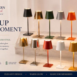 May include: A collection of twelve cordless table lamps in various colors including black, gold, green, silver, orange, pink, red, white, and yellow. Each lamp features a slim metal stem, a square base, and a conical shade emitting a warm light.