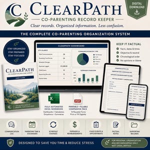May include: A digital co-parenting record keeper system titled ClearPath, featuring a user guide, an automated Excel dashboard with charts, and printable PDF forms. The system includes logs for communication, expenses, schedules, and child events.