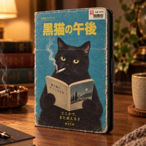 May include: A rectangular protective tablet case featuring a vintage-style blue cover with a black cat holding a book and smoking a cigarette. The Japanese text reads "黒猫の午後," "旅と猫とすこしの人生," and "どこかで、また会えるさ." The design includes a barcode and price tag.