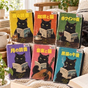 Puede incluir: Seis cubiertas de libros rectangulares con gatos negros leyendo. Las cubiertas son amarillas, naranjas, verdes, moradas, rojas y azules, cada una con texto en japonés e ilustraciones de café, vino, una guitarra y un cigarrillo.