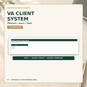 May include: A digital business template titled VA Client System for managing retainers, hours, and tasks. It features a spreadsheet preview for a Virtual Assistant Client System with metrics for active clients, monthly revenue, hours, and open tasks.