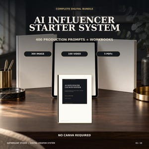 Könnte beinhalten: Ein digitales Paket mit dem Titel AI Influencer Starter System, das 400 Produktions-Prompts und Arbeitsbücher enthält, darunter 300 Bild-Prompts, 100 Video-Prompts und 5 PDFs. Ein zentrales Dokument trägt den Titel AI Influencer Launch System. Kein Canva erforderlich.