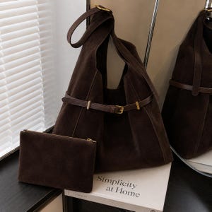 Suede Hobo Shoulder Vintage Bag with Belt Buckle Strap & Pouch