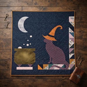 Halloween Quilt Pattern PDF, Witch Quilt Pattern, Spooky Cat Quilt, Cauldron & Moon Quilt, Modern Patchwork Sewing Pattern