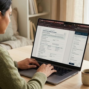Puede incluir: Un portátil plateado que muestra una hoja de trabajo Federal Grant Willing Worksheet en la pantalla. El dispositivo está sobre una mesa de madera clara junto a una pequeña taza de cerámica con líquido oscuro y una suculenta en maceta de terracota.