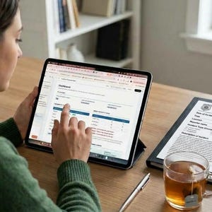 Op de afbeelding: Een tablet met een dashboardinterface met gegevenstabellen, naast een incidentrapport van de Smithsville Police Department, een zilveren pen en een doorzichtige glazen mok gevuld met amberkleurige thee op een houten oppervlak.
